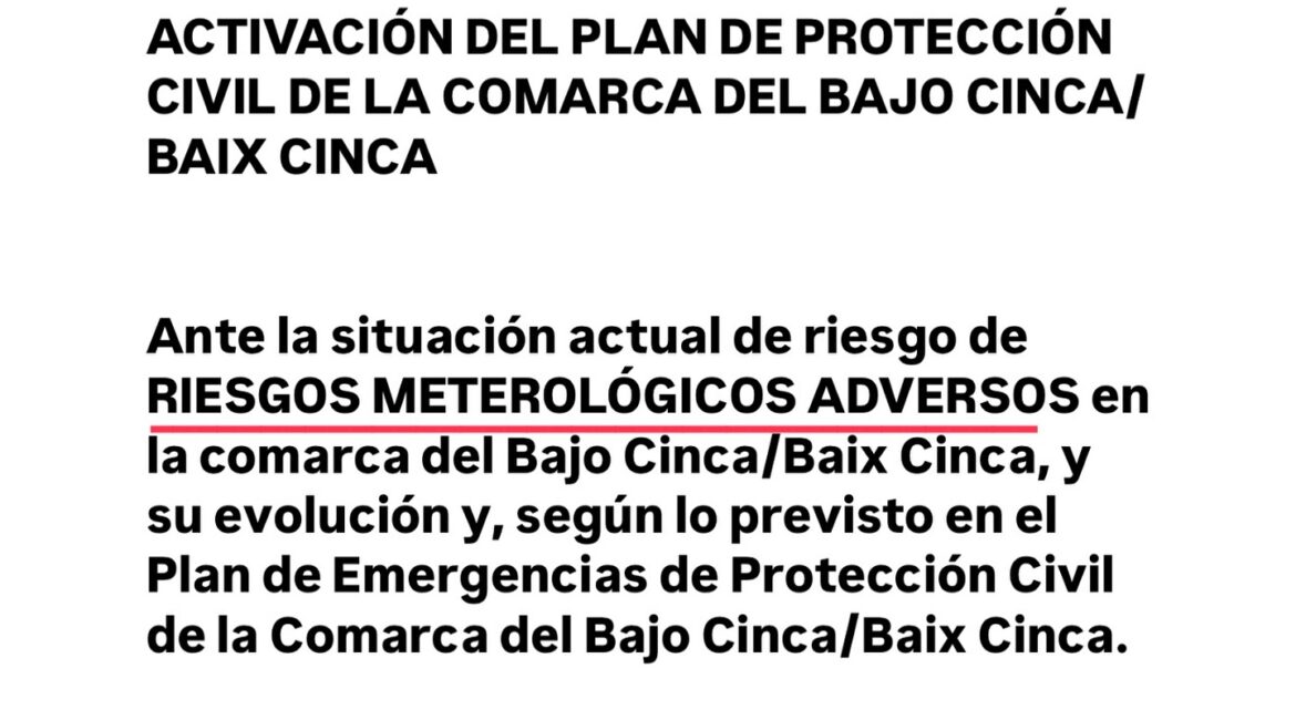 Comarca del Bajo/Baix Cinca activa el Plan de Protección Civil por Riesgo Meteorológico