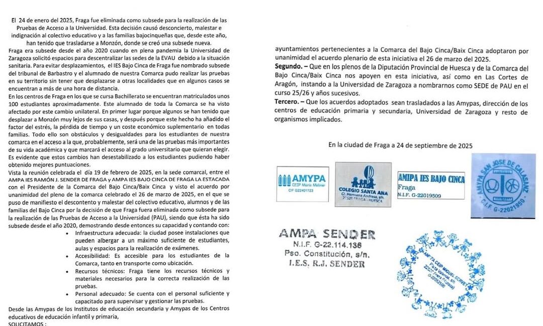 Las AMYPAS de Fraga solicitan a DGA y DPH apoyo para solicitar a la Universidad de Zaragoza que las pruebas de la PAU vuelvan al Bajo/Baix Cinca