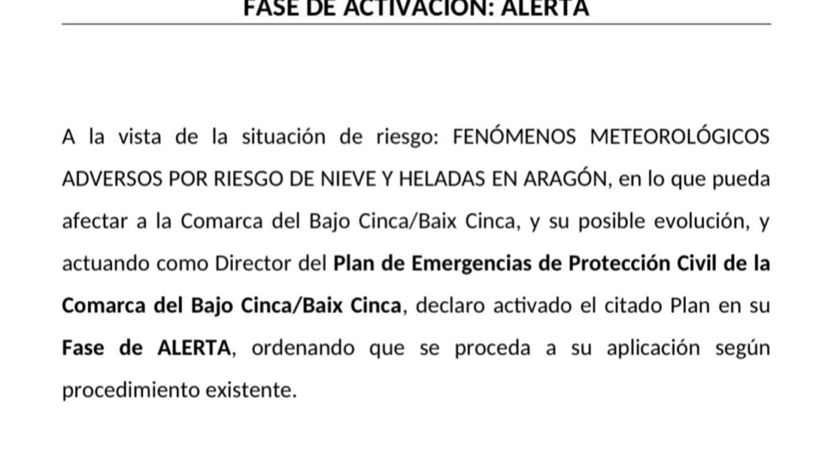 La Comarca del Bajo/Baix Cinca activa el Plan de Emergencias por riesgo de nieve y heladas