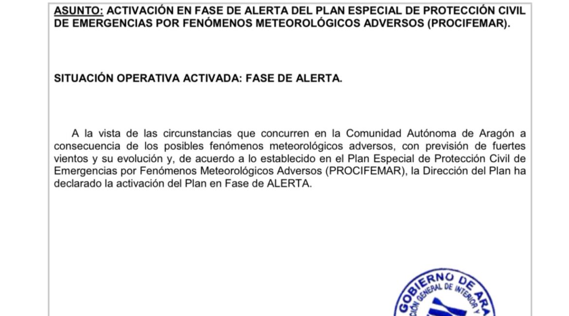 ALERTA: El Gobierno de Aragón activa la Fase de Alerta del PROCIFEMAR por fuertes vientos