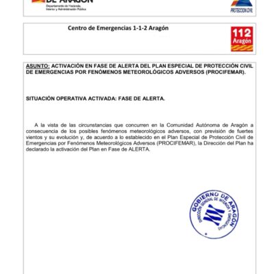 ALERTA: El Gobierno de Aragón activa la Fase de Alerta del PROCIFEMAR por fuertes vientos
