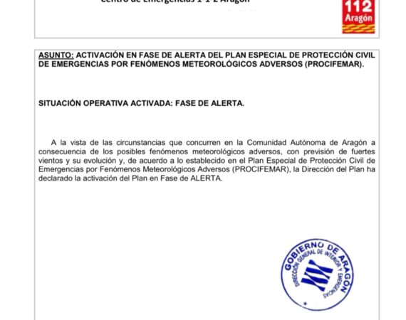 ALERTA: El Gobierno de Aragón activa la Fase de Alerta del PROCIFEMAR por fuertes vientos