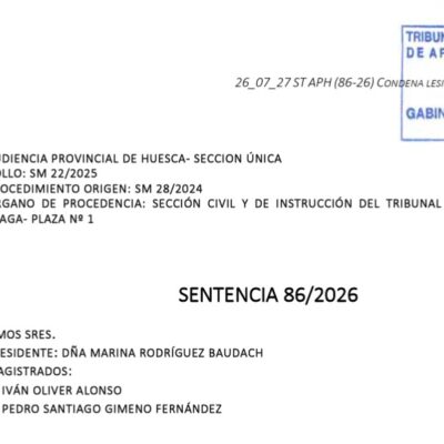 Condenan a 9 años de prisión a un vecino de Ontiñena por golpear a su esposa y dejarla tetrapléjica