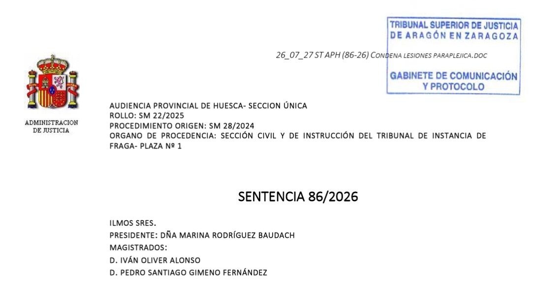 Condenan a 9 años de prisión a un vecino de Ontiñena por golpear a su esposa y dejarla tetrapléjica