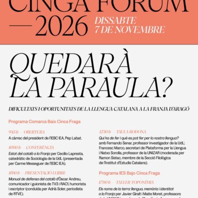 Fraga acogerá el Cinga Fòrum 2026 para analizar el presente y el futuro del catalán en la Franja de Aragón
